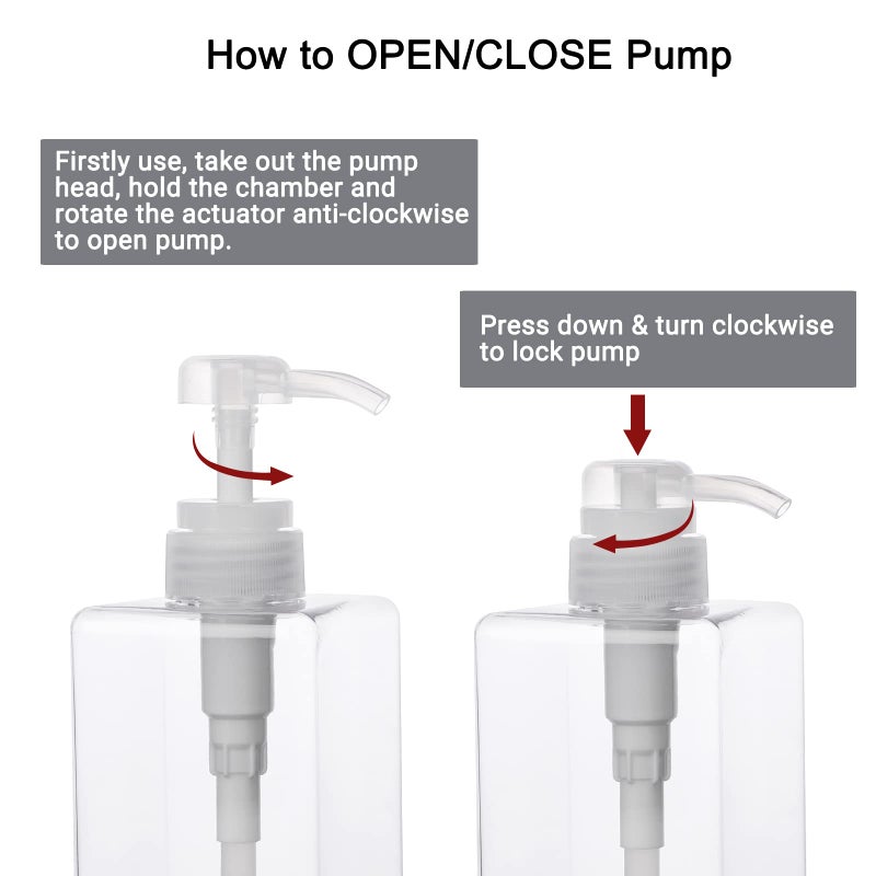 SUREAM Clear Empty Pump Bottles 6 Pack, 15oz/450ml Plastic Refillable Square Containers for Essential Oil Soap Lotion Shampoo Conditioner, Large Hand Pump Dispensers for Bathroom and Kitchen Sink Use - Image 5